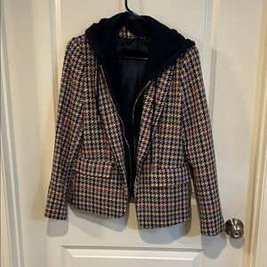 Anthropologie Multicolor Houndstooth Zip Blazer with Black Hoodie